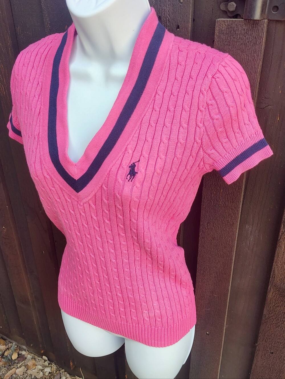 NWT Ralph Lauren Hot Pink Cable-Knit V-Neck Sweater with Navy Trim